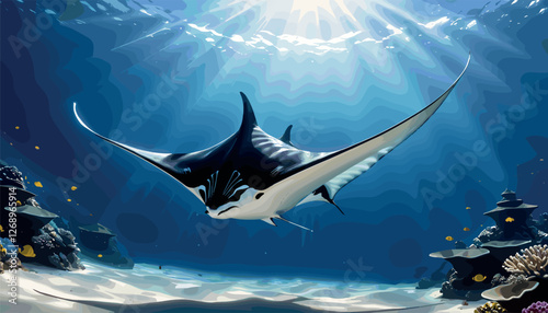 Majestic Manta Ray Gliding Through Sunlit Ocean Depths