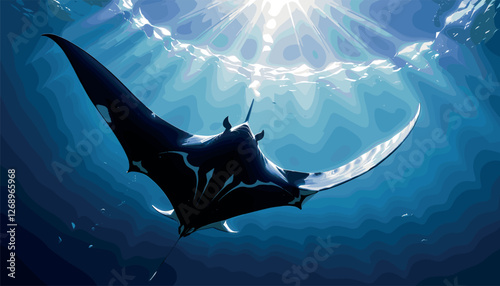 Majestic Manta Ray Gliding Through Sunlit Ocean Depths