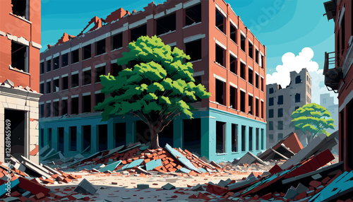 Abandoned Ruined City with Collapsing Buildings