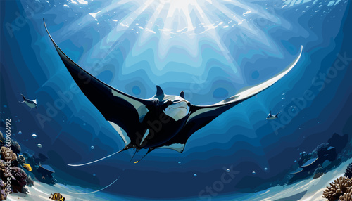 Majestic Manta Ray Gliding Through Sunlit Ocean Depths