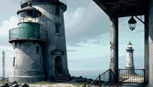 Moody Lighthouse on a Foggy Coastal Cliff
