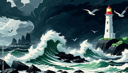 Lighthouse on Rocky Coast During Stormy Weather