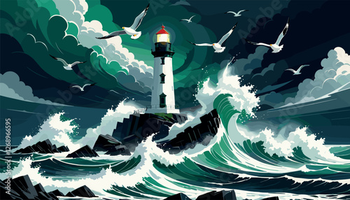 Lighthouse on Rocky Coast During Stormy Weather