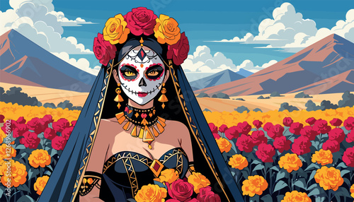 Elegant Día de los Muertos Woman in Flower Field