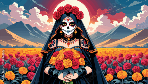 Elegant Día de los Muertos Woman in Flower Field