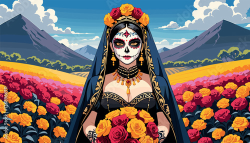 Elegant Día de los Muertos Woman in Flower Field