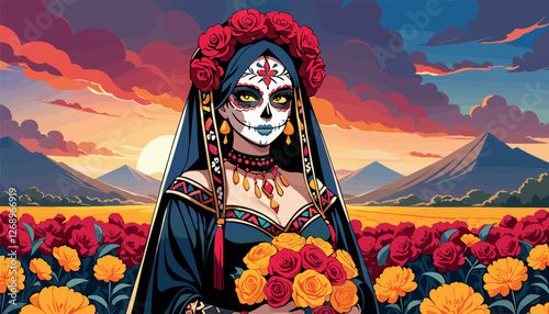 Elegant Día de los Muertos Woman in Flower Field