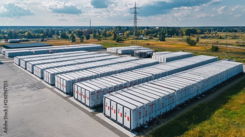 Massive redox flow battery storage containers at an industrial power grid site.