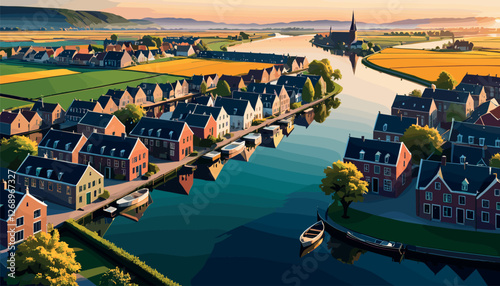 Picturesque Dutch Canal Village at Sunset