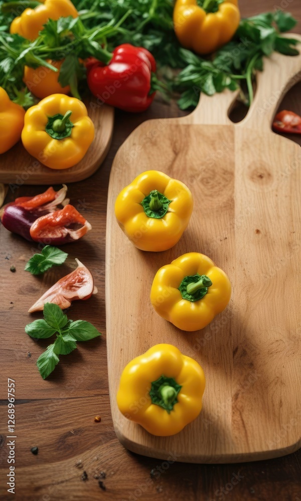 Fresh organic yellow capsicum on a wooden cutting board , capsicum, vegetable, fresh Fresh organic yellow capsicum on a wooden cutting board , capsicum, vegetable, fresh