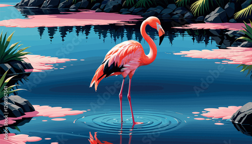 Graceful Flamingo Standing in Tranquil Blue Lagoon