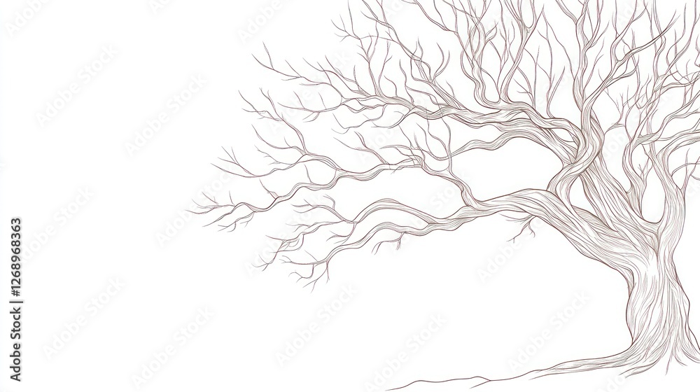 Fototapeta premium Bare tree branch sketch, winter landscape, white background, nature illustration