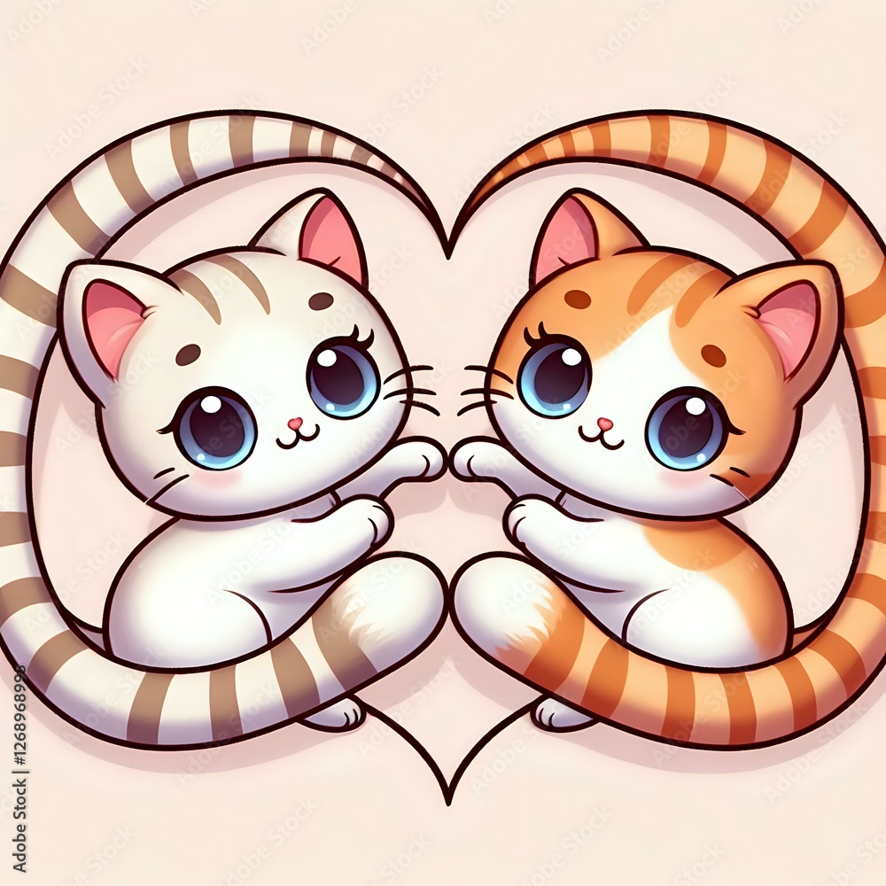 Naklejka premium Adorable Cartoon Kittens Holding Paws with Heart Background 