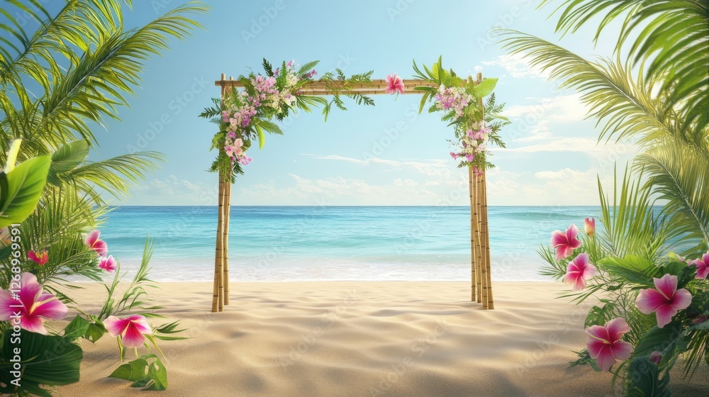 Fototapeta premium Tropical Beach Wedding Arch Surrounded by Lush Greenery and Flowers