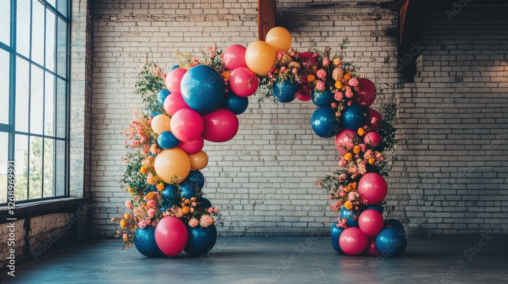 Obraz premium Colorful Balloon Arch with Flowers for Festive Event Celebration