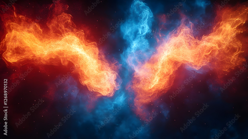 Naklejka premium A vivid depiction of red and blue flames swirling together in a blurred abstract motion symbolizing chaos energy transformation conflict and duality representing both harmony and discord in dynamic te