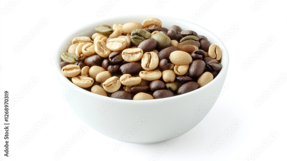 Roasted and green coffee beans in bowl Roasted and green coffee beans in bowl