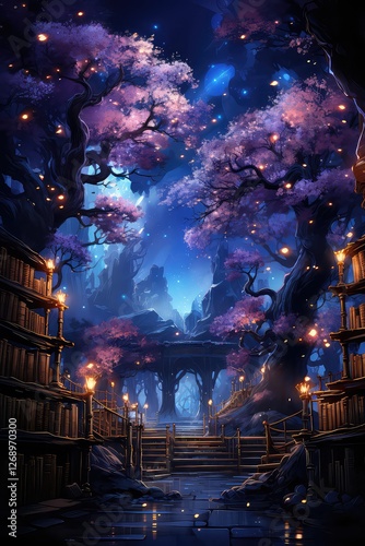 A beautiful landscape of a fantasy city with a castle, and trees