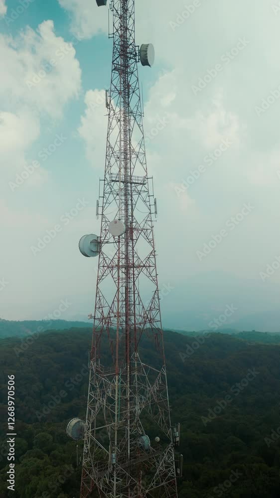 Tall telecommunications tower standing in a remote forested area. Wireless communication concept. Essential infrastructure for mobile networks and data transmission. Aerial View. Vertical Shot Tall telecommunications tower standing in a remote forested area. Wireless communication concept. Essential infrastructure for mobile networks and data transmission. Aerial View. Vertical Shot