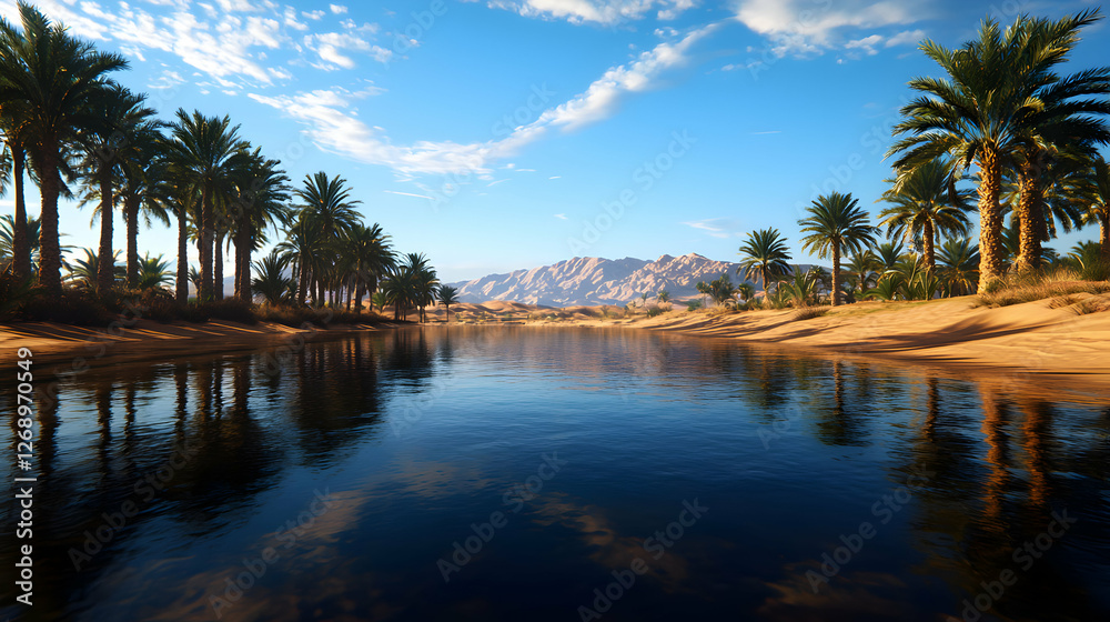 Serene Desert Oasis with Palm Trees Reflecting on Calm Water under Blue Sky in Arid Landscape Serene Desert Oasis with Palm Trees Reflecting on Calm Water under Blue Sky in Arid Landscape