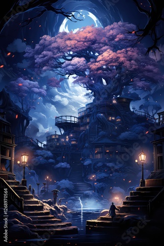 A beautiful landscape of a fantasy city with a castle, and trees