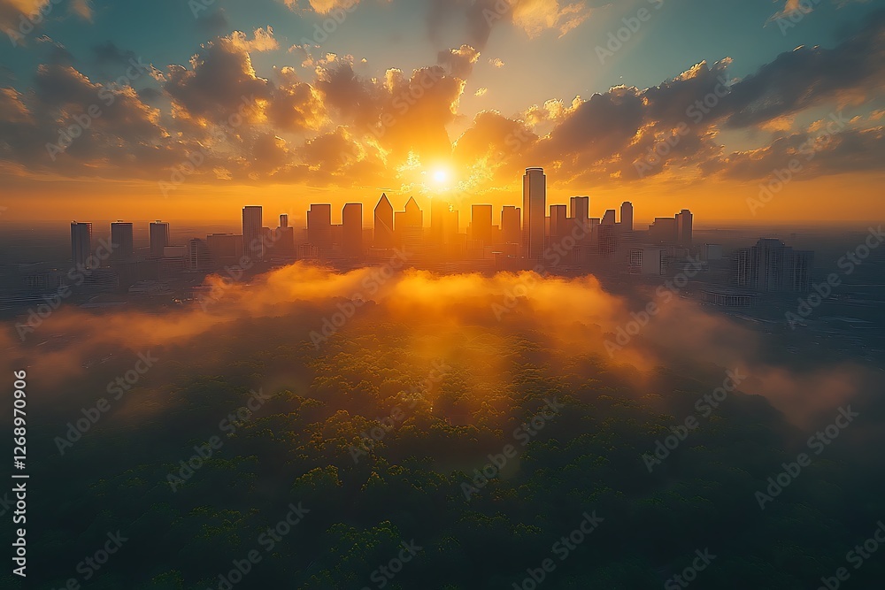 Fototapeta premium Sunrise over a City, Veiled in Mist