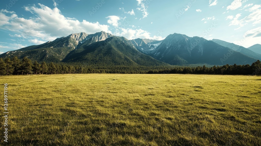 Fototapeta premium Vast green meadow beneath a clear blue sky with distant mountains in focus and realistic tones
