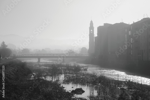 winter landscape with fog in the soft morning light with fog rising up from a river