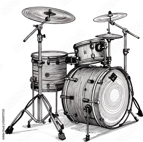 Drum kit illustration, black and white, high contrast, rock and roll, lightning bolt symbol, vintage style