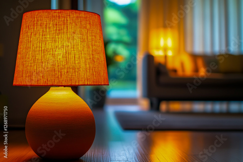 A vibrant orange lamp with a textured fabric shade, emits a warm glow in the living room. photo