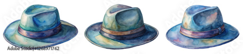 Watercolor hats, artistic illustration, stylish headwear, blue tones, vintage design, fashion accessory, creative art.