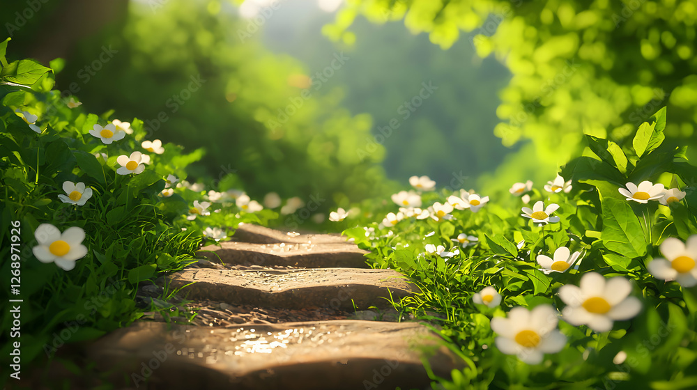 Fototapeta premium Stone Pathway with White Flowers in a Lush Green Field under a Sunny Sky