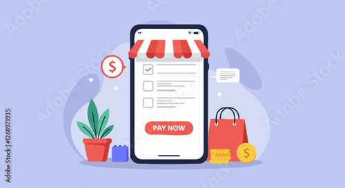 Online shopping concept with smartphone interface, red bag, and currency symbol, highlighting the ease of digital transactions.