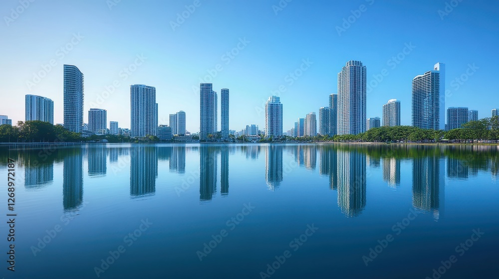 Naklejka premium A serene city skyline by the waterfront, tall buildings mirrored in calm waters, clear blue sky above, peaceful yet dynamic scene 