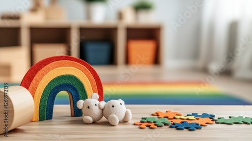 Wood Desk for Child or Kindergarten Interior Concept, Colorful Wooden Desk Setup Featuring Rainbow Puzzle and Soft Felt Bears in Bright Playroom Environment