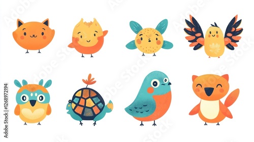 Cute cartoon animals illustration; playful, colorful birds, cats, and turtles; white background; for children's book