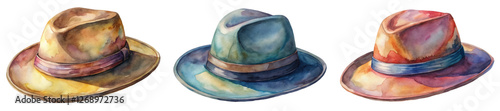 Watercolor hats, artistic illustration, vintage style, colorful designs, fashion accessories, creative artwork.