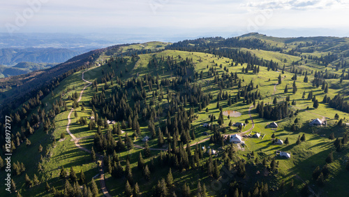 Aerial view of Velika Planina, Slovenia, a beautiful alpine pasture in the heart of the slovenian alps