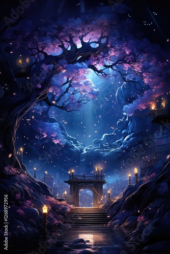 A beautiful landscape of a fantasy city with a castle, and trees