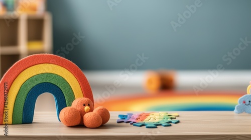 Wood Desk for Child or Kindergarten Interior Concept, Colorful Wooden Desk Arrangement with Rainbow Puzzle and Soft Felt Toys in a Bright Playroom Setting