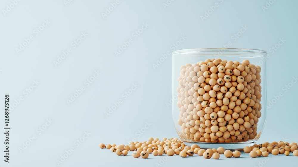 Glass Jar Filled with Raw Soybeans on Soft Blue Background Glass Jar Filled with Raw Soybeans on Soft Blue Background