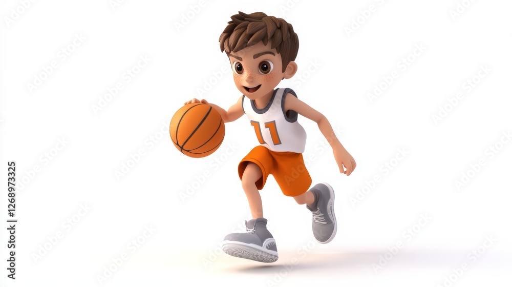 3D cartoon teenage basketball player bouncing the ball isolated white background 3D cartoon teenage basketball player bouncing the ball isolated white background