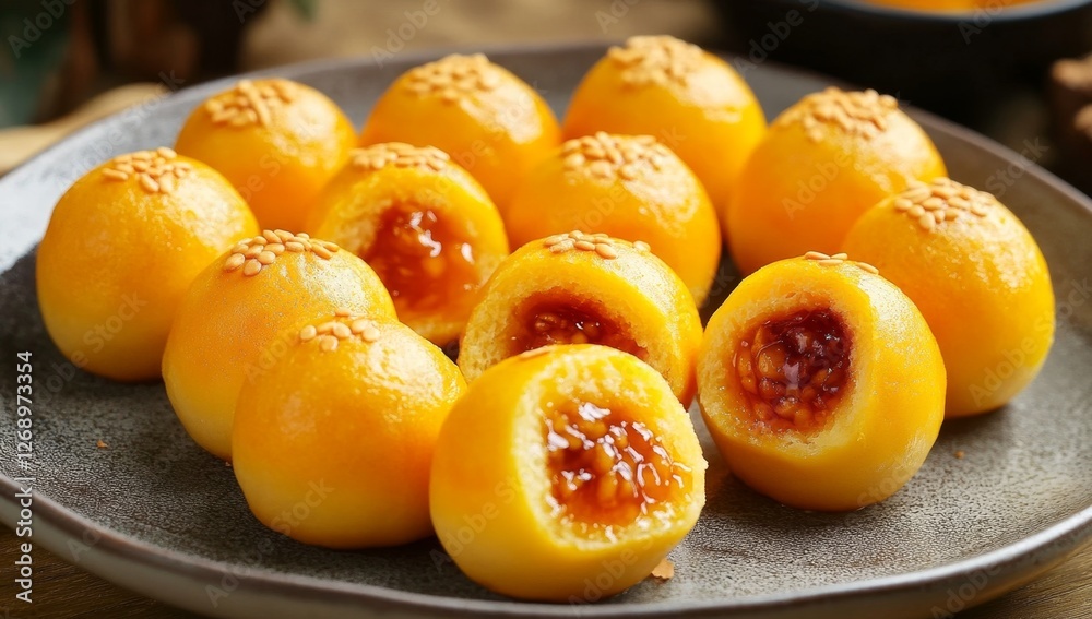 Golden pastries, cut open, on plate, background of other treats Golden pastries, cut open, on plate, background of other treats