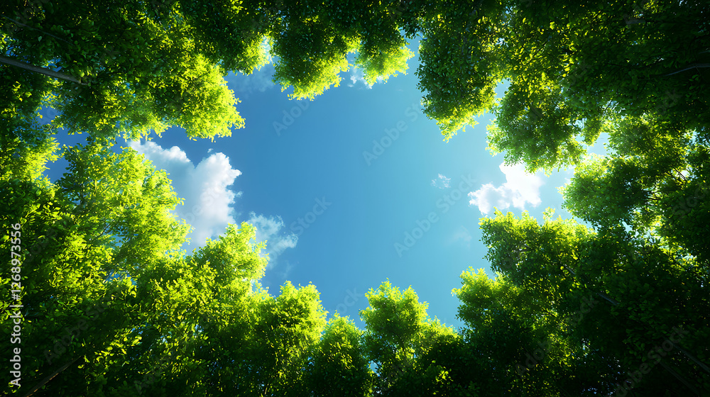 Treetops Forming a Circle with Blue Sky and Clouds on a Sunny Day in a Lush Green Forest Canopy