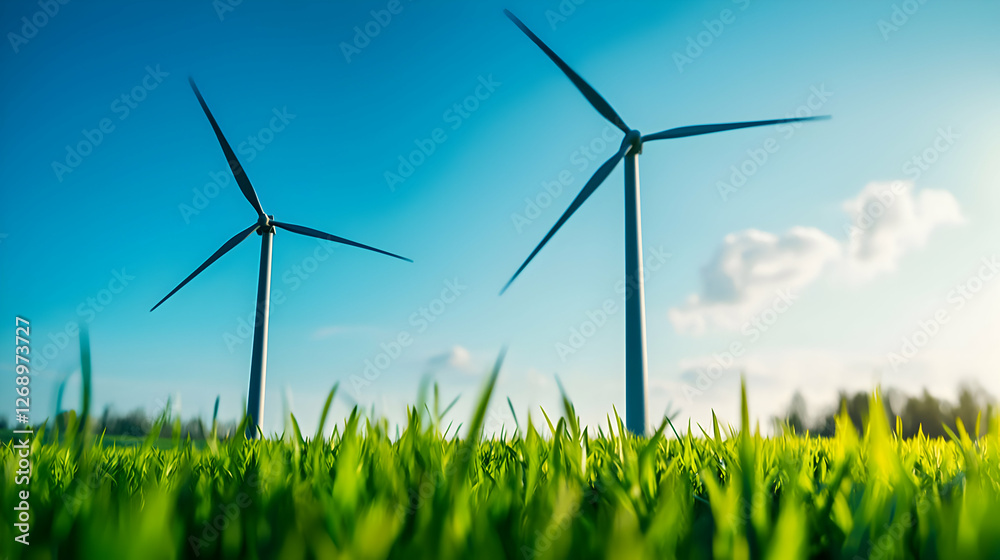 Two Wind Turbines Rotating in a Green Field Under a Bright Blue Sky Generating Clean Renewable Energy Two Wind Turbines Rotating in a Green Field Under a Bright Blue Sky Generating Clean Renewable Energy