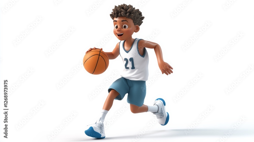 3D cartoon teenage basketball player bouncing the ball isolated white background 3D cartoon teenage basketball player bouncing the ball isolated white background