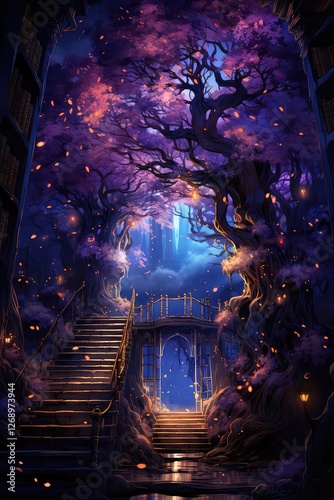 A beautiful landscape of a fantasy city with a castle, and trees