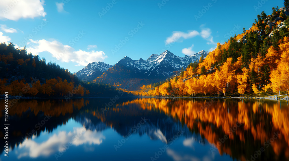 Fototapeta premium Vibrant Autumn Foliage Reflecting on a Mountain Lake Under a Clear Blue Sky with Distant Snow Capped Peaks