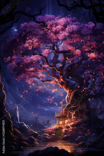 A beautiful landscape of a fantasy city with a castle, and trees