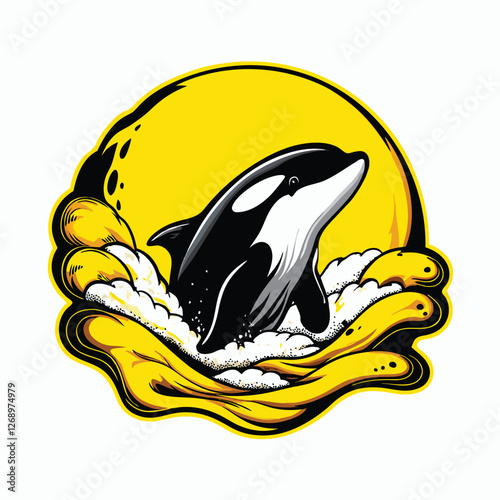 Create a hyperrealistic vector illustration of an orca whale breaching the water's surface, showcasing detailed textures and anatomy.